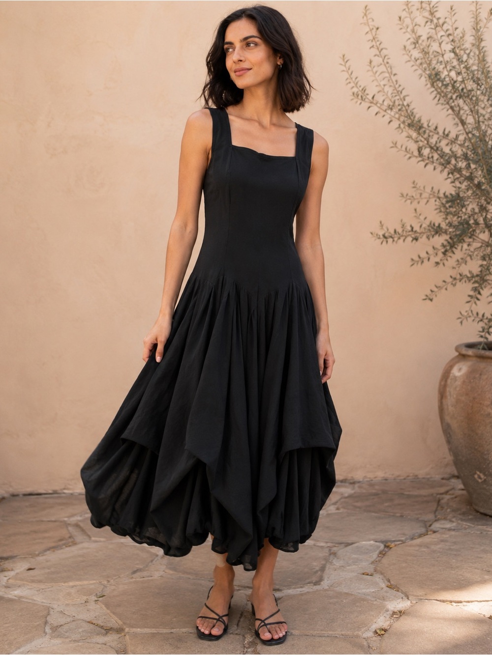 Luna Luz Corset Dress Black XS Adjustable Pouf Bubble Maxi Lagenlook minimalism